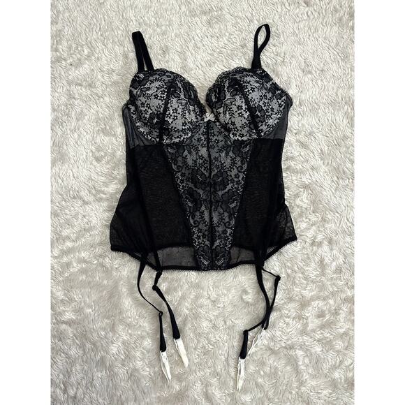 Victoria's Secret Black Floral Lace Sheer Panel 36C Stretchy Corset Bustier - Picture 1 of 9